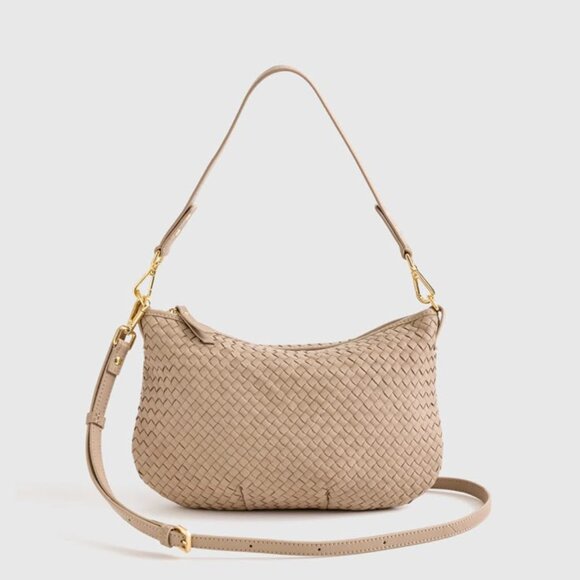 Quince Italian Leather Convertible Crescent Handwoven Shoulder Bag in Taupe - Picture 1 of 4